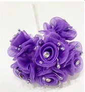 2X Bundeltje met 6 prachtige organza roosjes met strass steentjes paars - DIY - naaien - knutselen - roos - organza - bloem