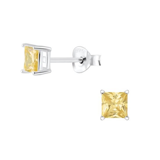 Joy|S - Zilveren vierkant oorbellen - 4 mm -  zirkonia champagne - geel