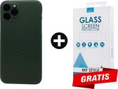 Backcase Carbon Hoesje iPhone 11 Pro Groen - Gratis Screen Protector - Telefoonhoesje - Smartphonehoesje