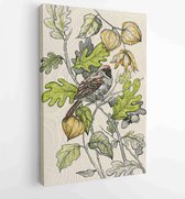 Hand tekenen illustratie met mus op een tak, een kleine vogel. Wenskaart. Herfstcompositie met cape kruisbes op structuurpapier - Moderne schilderijen - Verticaal - 263743640 - 115