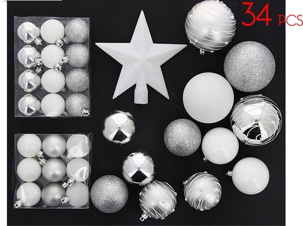 Kerstbal Kit & Wit / Zilvercel - Set 34PCS - Plastic - Zilver - SILUMEN