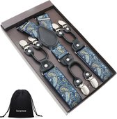 Chique moderne bretels - Blauw paisley dessin - Sorprese - zwart leer - 6 stevige clips - bretels heren - unisex