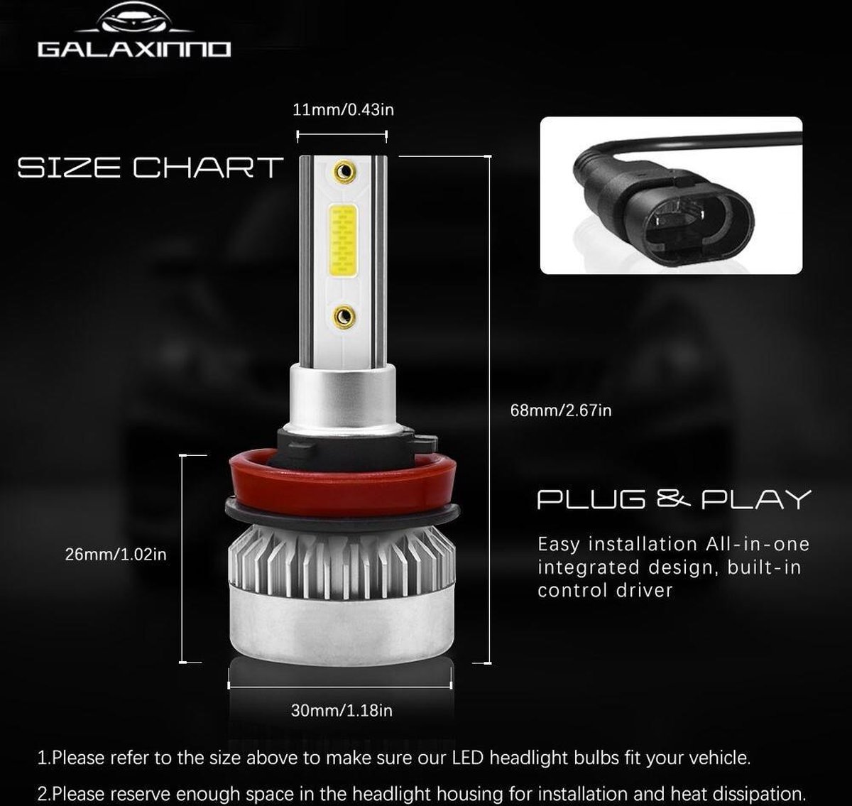 H8 / H9 / H11 LED lamp 20000 Lumen (set 2 stuks) incl CANbus EMC CHip 6500k Ultra-bright Wit Korte inbouw diepte /100 Watt Motor / Auto / Scooter / Motor /Dimlicht / Grootlicht / Koplampen / Autolamp / Lampen / Autolampen / CANbus adapter 12v – foto 3