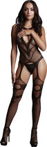 Suspender Bodystocking - Black - O/S - Maat O/S