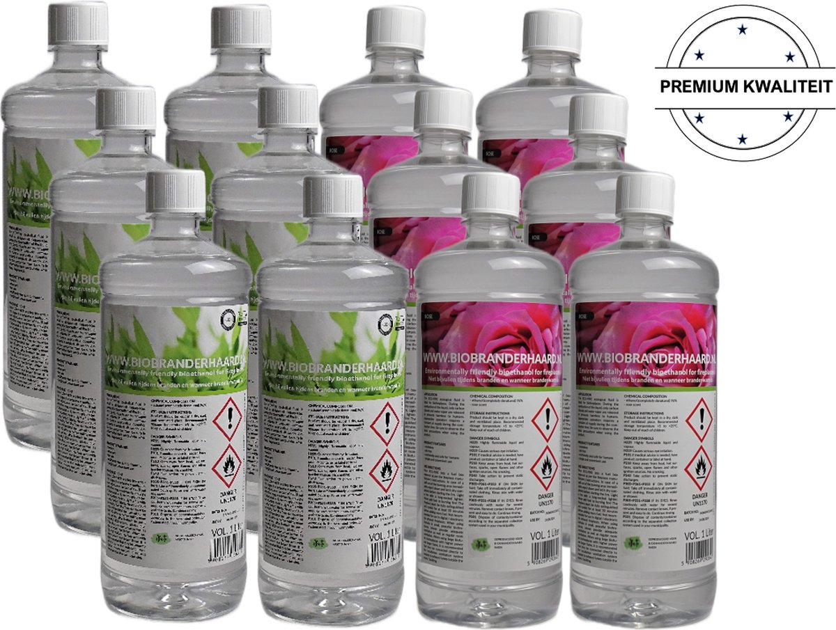Biobranderhaard bol.com aanbieding| premium kwaliteit Bio ethanol| 12 flessen bio ethanol 6 flessen geurloos + 6 flessen rozengeur | voor sfeerhaarden | geurloos | milieuvriendelijk | premium kwaliteit| bio ethanolhaard vulling | sfeerhaardvulling