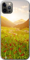 Geschikt voor iPhone 12 Pro Max hoesje - Bloemen - Berg - Zon - Siliconen Telefoonhoesje