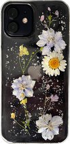 Bloemen hoesje transparant voor iPhone 13 - Siliconen back cover - Echte gedroogde bloemen in paars, wit en glitters