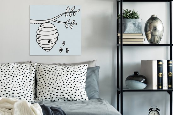 Illustration de bande dessinée d'abeilles et d'une toile de ruche 50x50 cm - Tirage photo sur toile (décoration murale salon / chambre) / Animaux sauvages Peintures sur toile