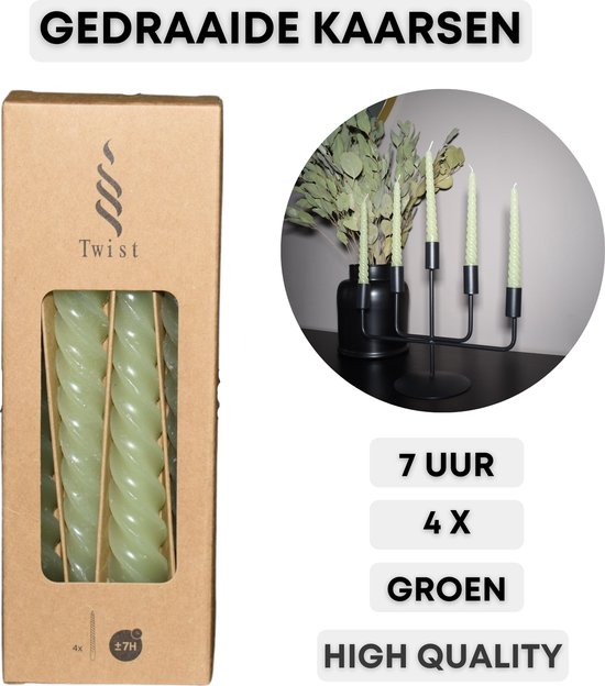 Gedraaide Kaarsen | Twisted Candle | Groen / Green | Swirl / Curly Candle | 4 stuks | Cadeau / geschenk onder 20 euro