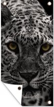 Wanddecoratie buiten Zwart-wit foto van een gekleurde luipaard - 80x160 cm - Tuindoek - Buitenposter