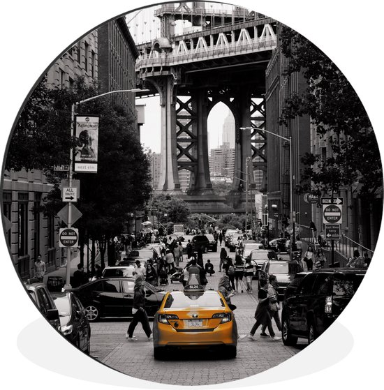 WallCircle - Wandcirkel - Muurcirkel - Zwart-wit foto met een gele taxi in het Amerikaanse New York - Aluminium - Dibond - ⌀ 30 cm - Binnen en Buiten