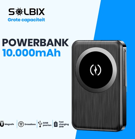 SOLBIX® Powerbank 10000mAh - Magsafe voor iPhone 12 en 13 modellen - Draadloos opladen en 2 USB poorten - Wireless charger - Fast Charging