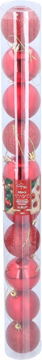 Christmas Gifts Kerstballen Set in Koker - Kunststof - Ø6 cm. - Rood - 10 Stuks