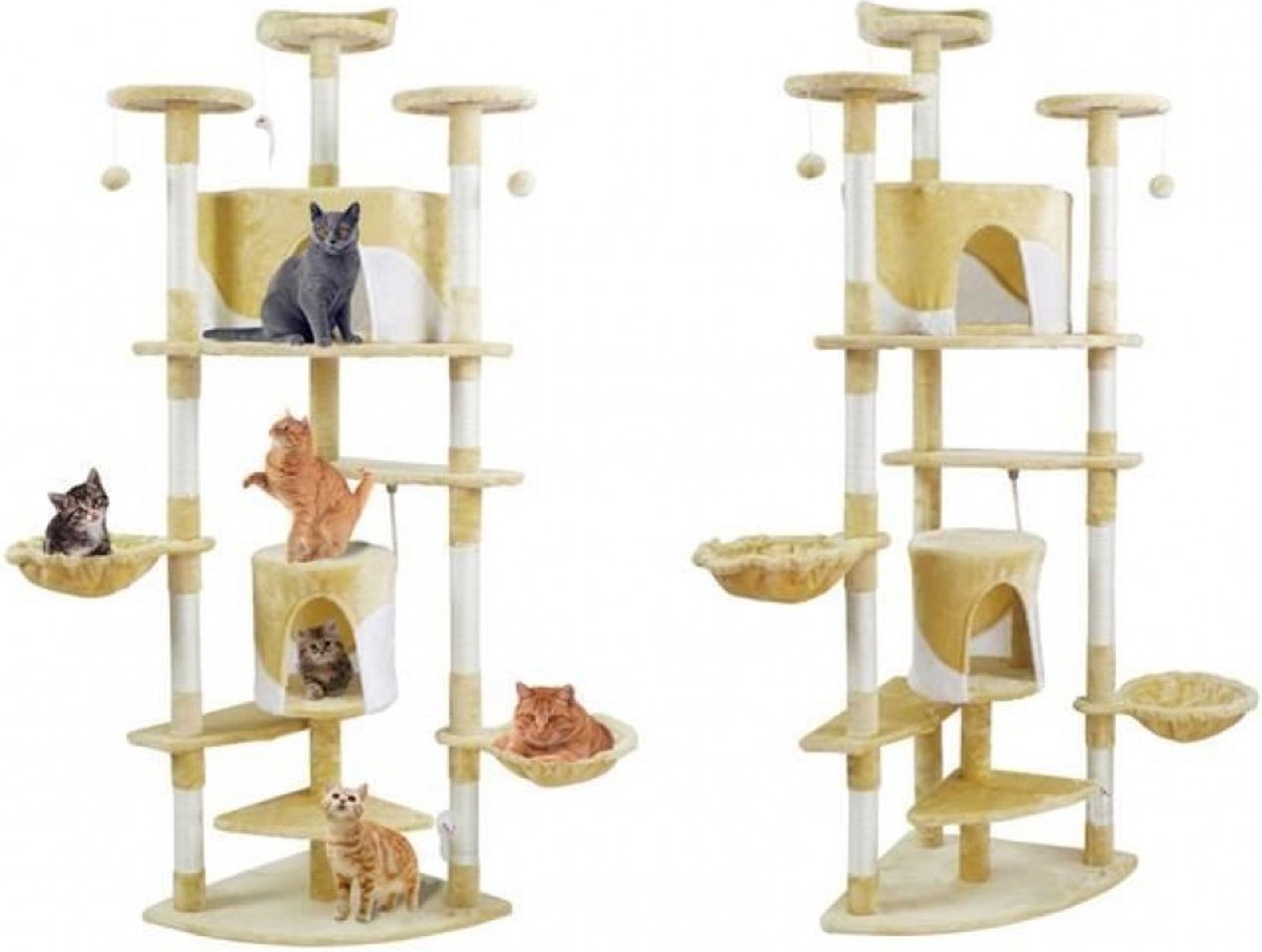 Katten krabpaal 200 cm - 6 etages - zacht velours - urenlang speelplezier - kattenhuisjes - 5 platformen - kado tip