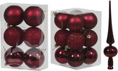 Kerstversiering kunststof kerstballen met piek bordeaux rood 6 en 8 cm pakket van 37x stuks - glans/mat/glitter mix