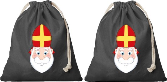 Foto: 2x katoenen cadeautasje strooizak zwart met sluitkoord sinterklaas pepernoten zak