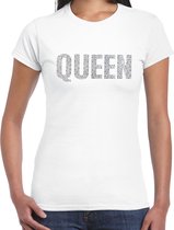 Glitter Queen t-shirt wit met steentjes/ rhinestones voor dames - Glitter kleding/ foute party outfit L