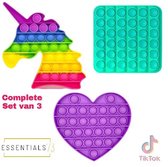 ESSENTIALS73 Fidget Pop It Set van 3: Unicorn Rainbow + Hart + Vierkant - Tiktok - Eenhoorn - Pineapple