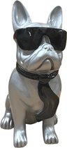 Franse bulldog - Hond - Beeld -  Zittend - Decoratie - Met bril - Zilver