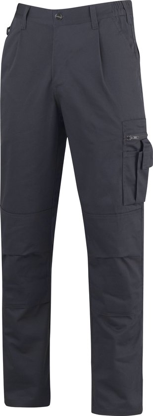 Donkergrijze herenwerkbroek met kniezakken en een cargozak met rits.