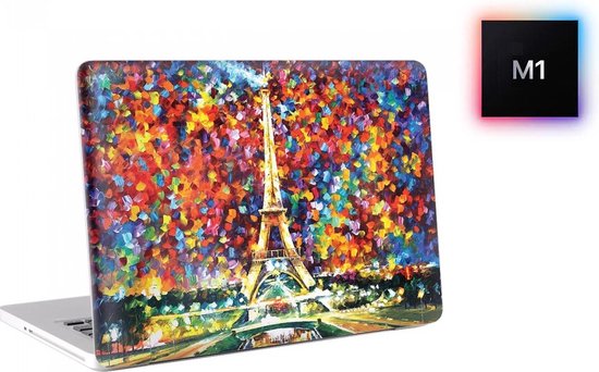 Coque MacBook Pro M1 avec une peinture impressionniste de la Tour Eiffel à Paris, sur fond coloré et vibrant.