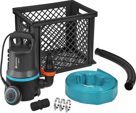 GARDENA Vuilwaterpomp 9000 l/u 300W met voorfilter en 10m platte slang, automatische vlotterschakelaar, voor tuin en overstroming
