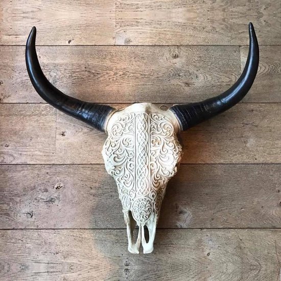 Buffel schedel skull bedrukt - Skull voor aan de muur - Dierenhoofd - Schedel decoratie - Skull - Skull gegraveerd - 64 cm breed