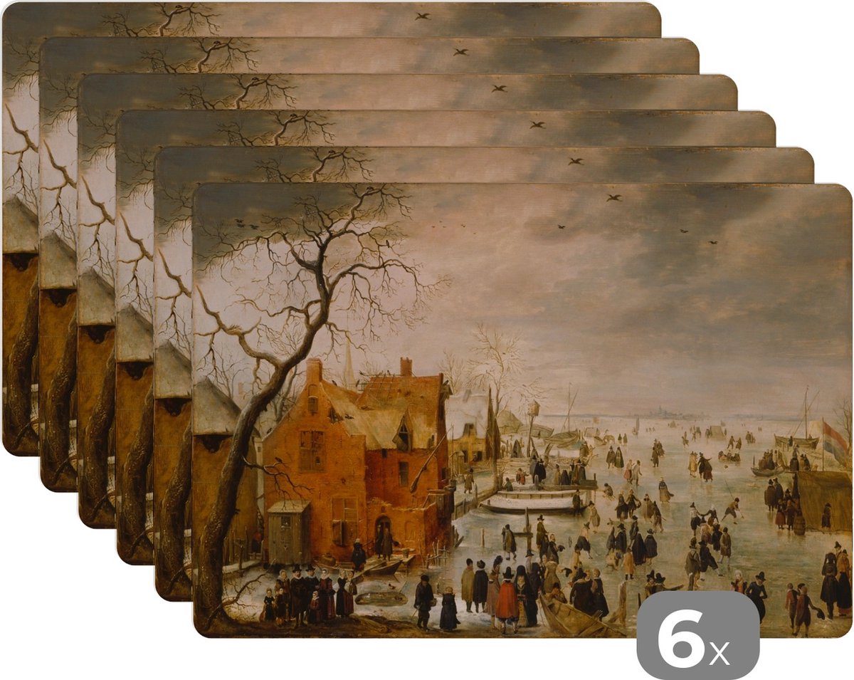 Placemat - Placemats kunststof - Ijs landschap - schilderij van Hendrick Avercamp - 45x30 cm - 6 stuks - Hittebestendig - Anti-Slip - Onderlegger - Afneembaar