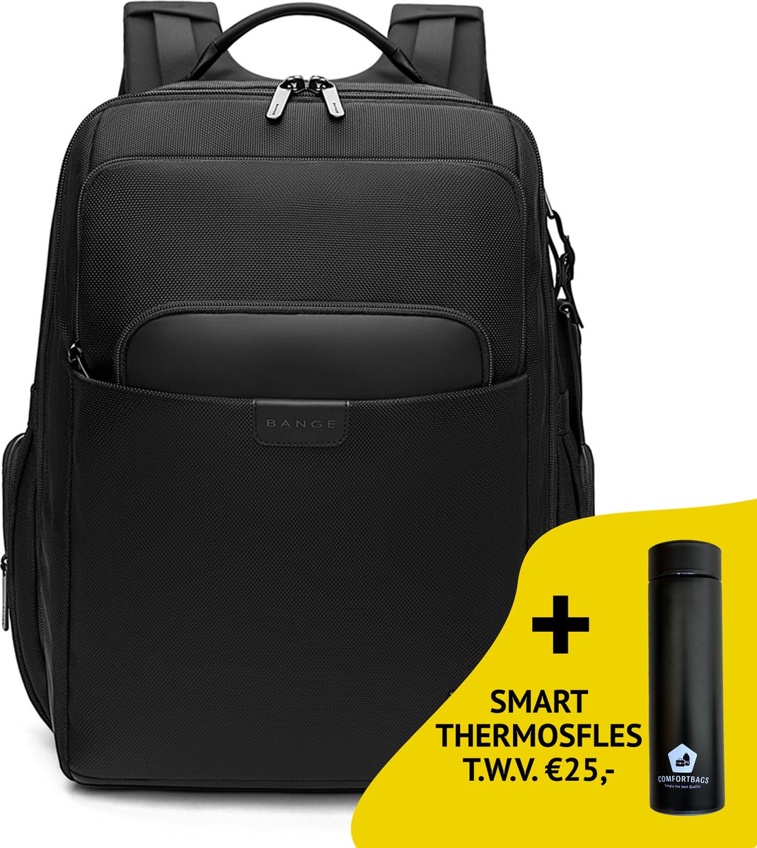 Bange Rugtas - 15,6 inch - Laptop Rugzak - Waterafstotend - Zwart - Incl. Smart Thermosfles