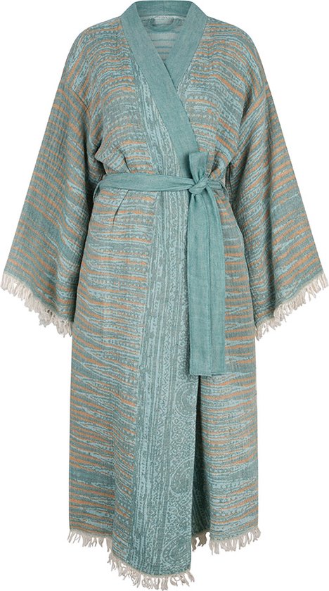 ZusenZomer Boho Kimono - Ochtendjas, sauna badjas, hammam badjas - Licht en soepel katoen - lang model - groen terra