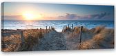 Trend24 - Canvas Schilderij - Zonsondergang Op Het Strand Door De Zee - Schilderijen - Landschappen - 150x50x2 cm - Blauw