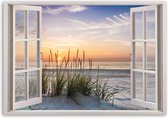 Trend24 - Canvas Schilderij - Raam Met Uitzicht Op Het Strand - Schilderijen - Landschappen - 120x80x2 cm - Meerkleurig