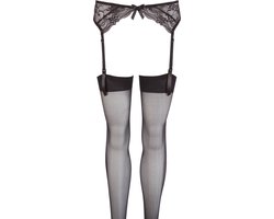 Mandy Mystery Lingerie – Jarretel Gordel met Kant Motief en Bijbehorende Kousen Spanning en Sensatie – Maat S/M -Zwart