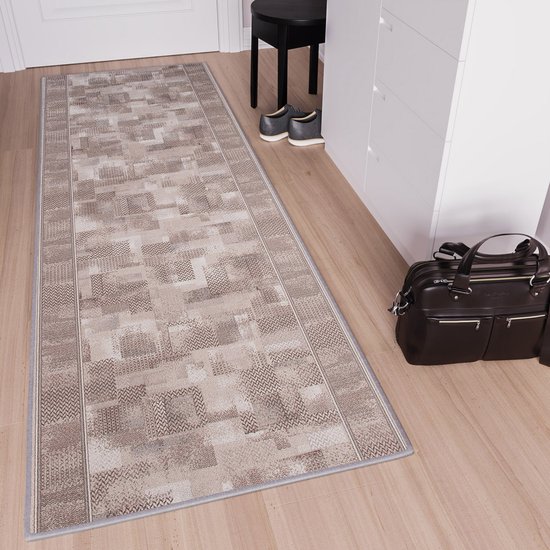 Tapis en caoutchouc anti-dérapant Tapiso Beige clair Grijs Tapis en caoutchouc Classique Taille de tapis - 80x400