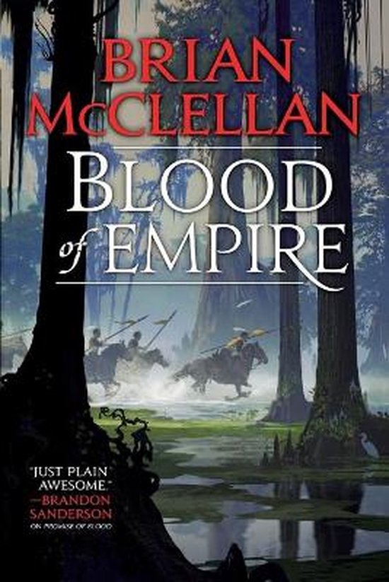 Couverture du livre 'Blood of Empire' par Brian McClellan, fantasy avec des cavaliers dans un marais.