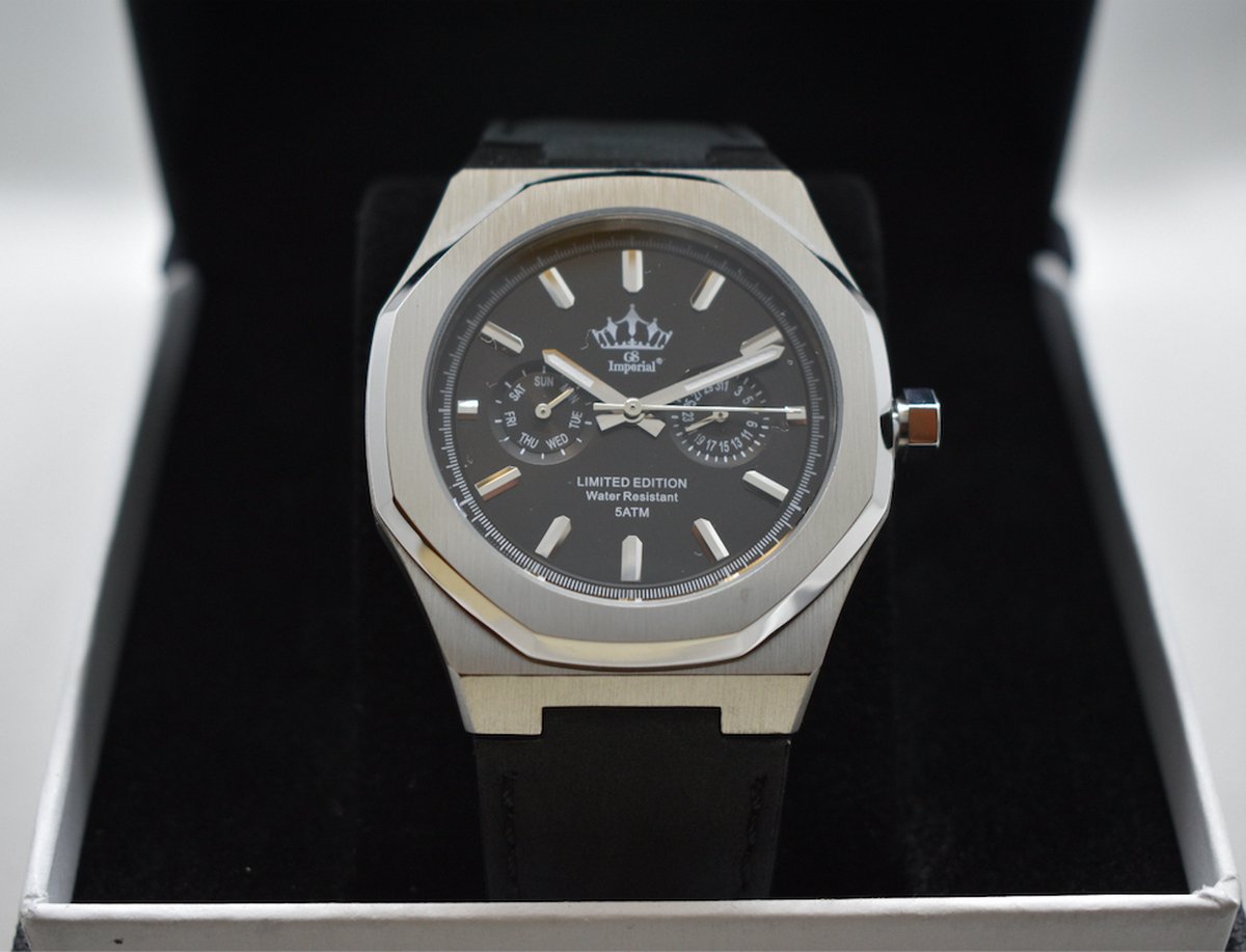 Chronograaf Roestvrij Staal Herenhorloge Met Safferglas Leren Band 5ATM Waterdicht - GS Imperial®