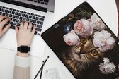 Laptophoes 17 inch - Kat - Bloemen - Dierenkop - Laptop sleeve - Binnenmaat 42,5x30 cm - Zwarte achterkant