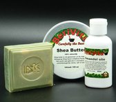 Natuurlijke Huid Verzorging Basis Startset - Amandelolie 50ml, Shea Butter Blik 100ml, Aleppo Zeep, Soap Bar