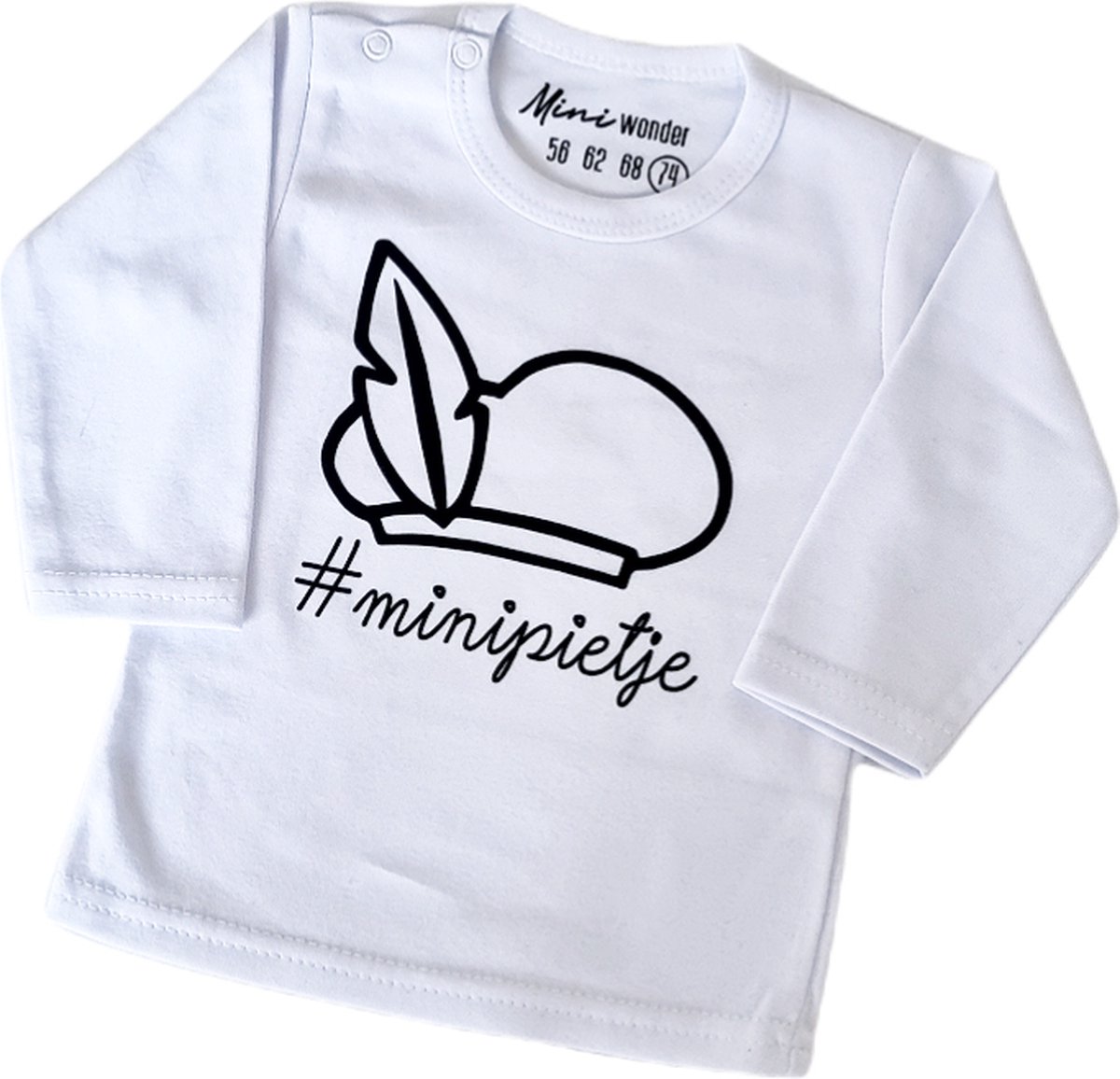 Miniwonder shirt - #minipietje - wit met zwarte opdruk - lange mouw - maat 56