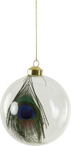Kerstbal Set van 4 - Peacock - 10 x 10 cm - Glas transparant met veer