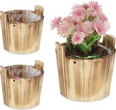 Relaxdays Bloempot hout set van 3 - rond - tuindecoratie - plantenpot - rustiek - folie