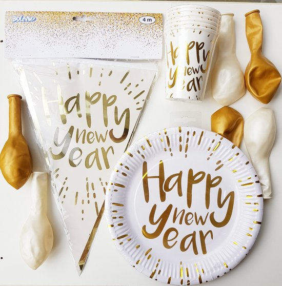 Happy New Year set wit met goud 19delig oud&nieuw jaarwisseling 2022