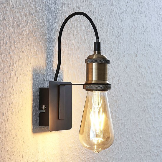 Lindby - wandlamp - 1licht - metaal - H: 15.6 cm - E27 - oud messing, zwart