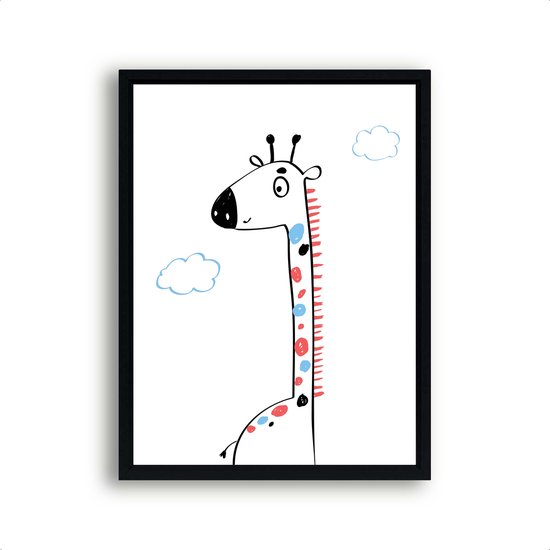Poster Blije Giraf met Wolkjes - Kinderkamer - Dierenposter - Babykamer / Kinderposter - Babyshower Cadeau - 30x21cm / A4 - Postercity