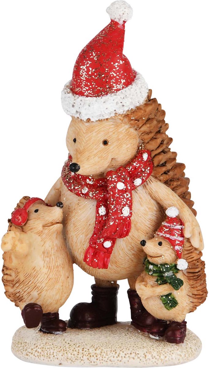 Mama egel / dier met kinderen - Wit / grijs / groen / rood - 6 x 6 x 11 cm hoog.