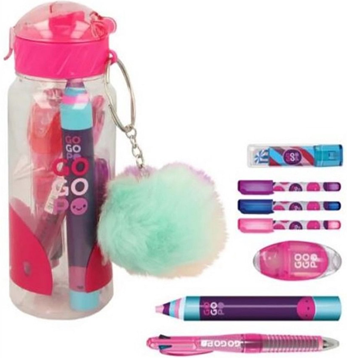 GoGoPo Sport en School Drinkfles - Roze - Met Inhoud - 9-Delig