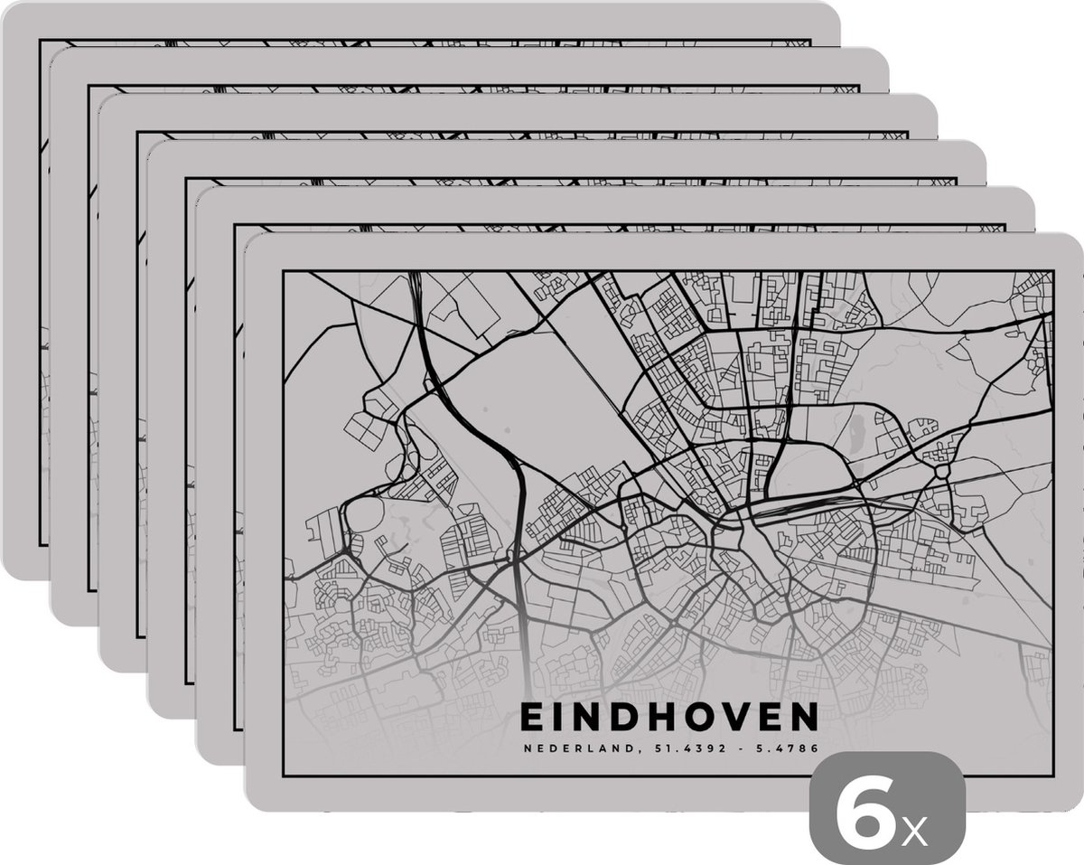 Placemat - Placemats kunststof - Kaart - Nederland - Eindhoven - 45x30 cm - 6 stuks - Hittebestendig - Anti-Slip - Onderlegger - Afneembaar