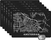Placemat - Placemats kunststof - Amsterdam - Kaart - Zwart - 45x30 cm - 6 stuks - Hittebestendig - Anti-Slip - Onderlegger - Afneembaar
