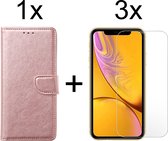 iPhone XR hoesje bookcase rose goud apple wallet case portemonnee hoes cover hoesjes - 3x iPhone XR screenprotector