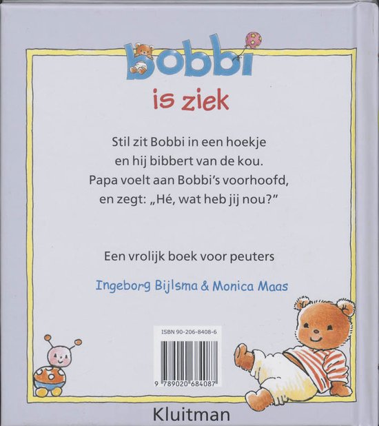 Achterkant van het boek 'Bobbi is ziek' met tekst, een zittende beer en een lieveheersbeestje.